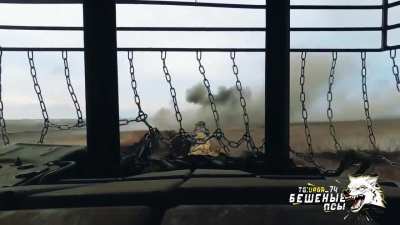 RU POV: Archival footage of a tank of the Mad Dogs brigade operating in the Berdychi region