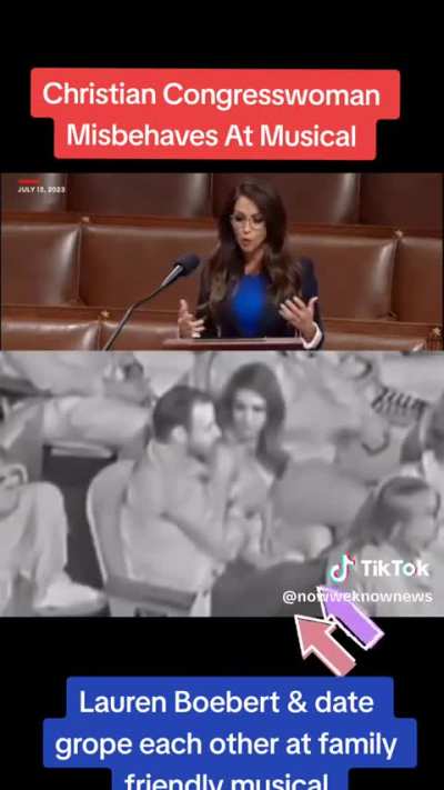Rep. Lauren Boebert can be seen here at all-ages Beetlejuice musical rubbing a man’s crotch while he groped Lauren Boebert’s breast. She was doing it in the theatre with kids all around. This is so sickening and very disgusting.