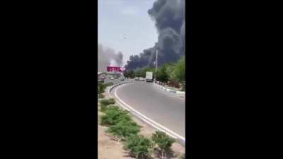 Two views of Tabriz base in Northwestern Iran that is in an inferno after being struck again following morning strikes, 13.6.2025.