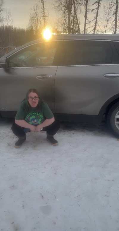 Wifey peeing in the driveway by car while our rooster Cock a Doodle Doos