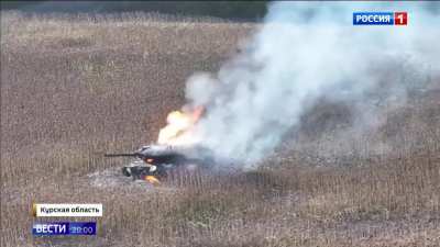 RU POV: Destroyed German Leopard 2A6 tank of the UAF in the Kursk region, footage from a different angle.