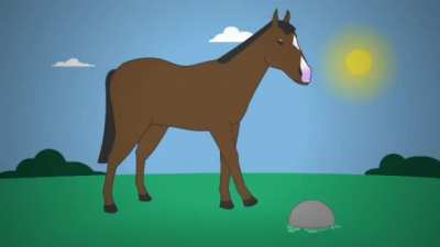 A horse knocking over a bowl of cucumber salad