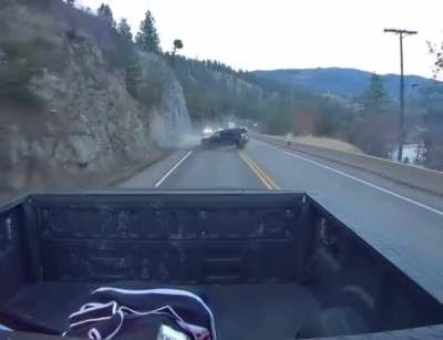 BC highways already struggling to stay open and running for essential supplies- and then there’s this guy- running from police. Near Osoyoos.