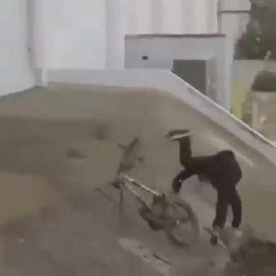 The man tries to learn the dreamed maneuver with his bike, training daily, improving his impressive jump more and more. Impressive how small changes make your dreams come true. Never give up!