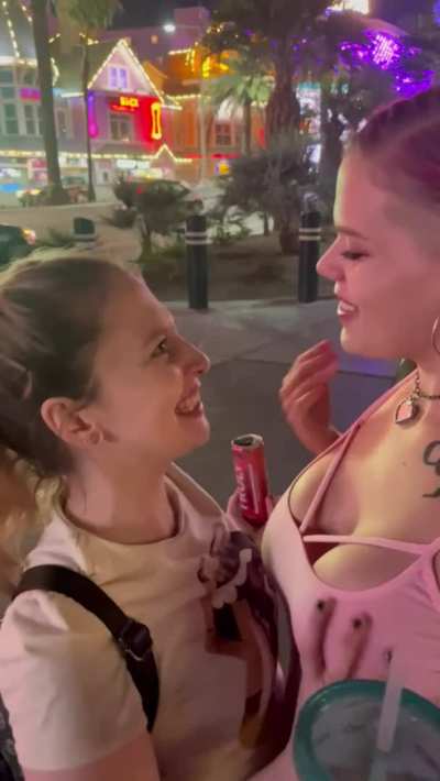 My pink hair G[f] kissing random girl on the street in Vegas and getting her tits grabbed.