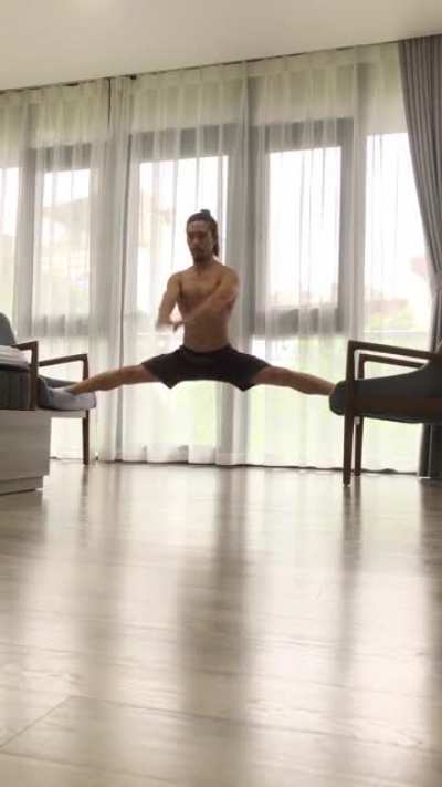 Tested my middle split strength on chairs. Somehow it feels more comfortable than doing it on the floor. Still got a way to go until I can do the full middle splits!