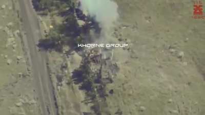 Russian artillery firing at positions of the 116th Mechanized Brigade was spotted by the surveillance and target acquisition unit's Poseidon drone, and was immediately hit by two FPV drones. Published on July 25 by the Khorne Group 