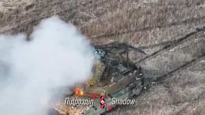 An abandoned Russian T-90M is destroyed by a Drone Drop Munition near Avdiivka [Published 02/04/2024]
