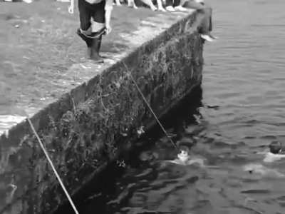 Teaching kids how to swim, Ireland, 1971.