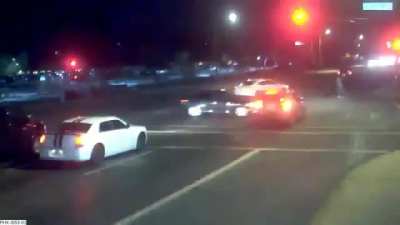 Car crash saves family crossing the street.