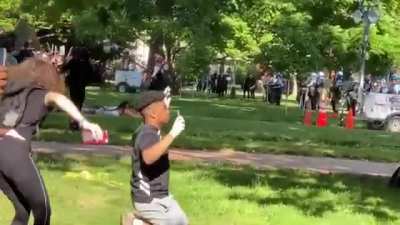 A young black man jumped the gated barrier in Lafayette Park near the White House. Then a white girl jumped the barrier and put herself between the young man & US Park Police to protect him. (Video)