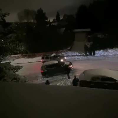 People trying to drive in snow makes for a good holiday entertainment