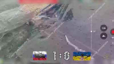 A Russian BTR-82A followed by a second vehicle drives up to a position to unload infantry while under fire from artillery, during retreat the BTR seems to tank multiple hits (according to the source it was 5 FPV drones), Pokrovsk direction