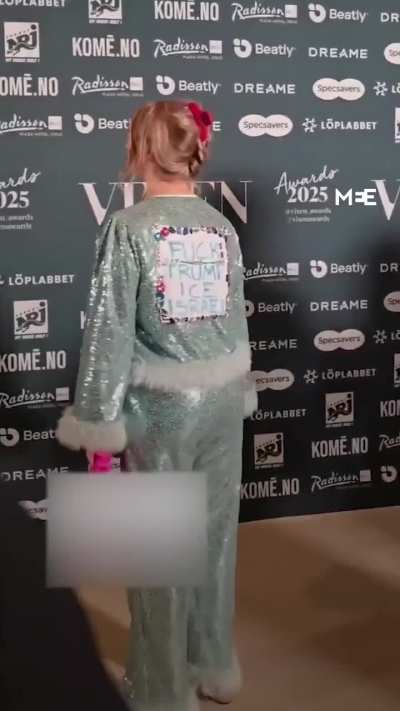 Influencer Christina Fraas displayed to media, using the back of her outfit to broadcast her statement on the VIXEN Awards 2025 red carpet in Oslo: “F--- Trump, f--- ICE and f--- Israel,” and said influencers need to speak out on global issues rather than