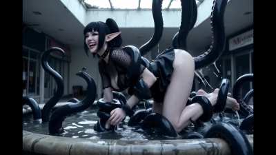 Goth elf urban exploring abandoned mall discovers it has a tentacle infestation, they breed her in the fountain! (with sound)