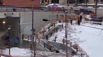 Front row seats from my balcony for some urban skiing!