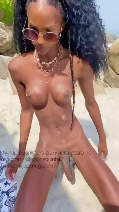 Skinny Tgirl with Big Dick on the Beach