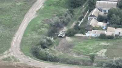 A longer, higher definition version of the video posted earlier this week of the Russian tank firing and soon after takes a hit and explodes, Kharkiv region