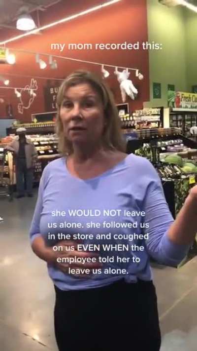 Antimask MAGA Karen harasses shoppers at a grocery store in Nebraska by deliberately coughing on them. After this video went viral, she was fired from her job.