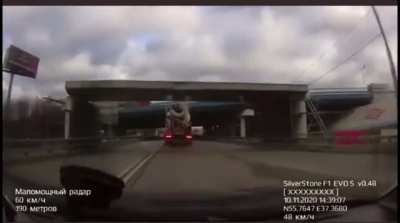 Cement truck collapses bridge(?) onto car behind it