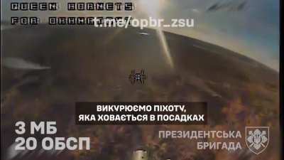 A Ukrainian FPV quad with a mounted machine gun shoots at Russian positions