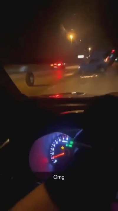 SUV runs over a lose tire on the highway, flips over