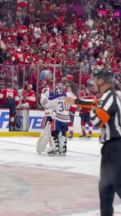 Stuart Skinner and Calvin Pickard after Game 4 of the SCF