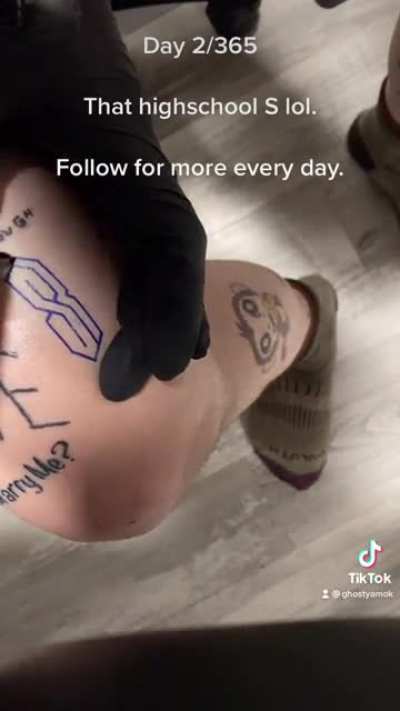 Ghostyamok on tiktok. Day 2 of my tattoo every day. The highschool “S” someone suggested.