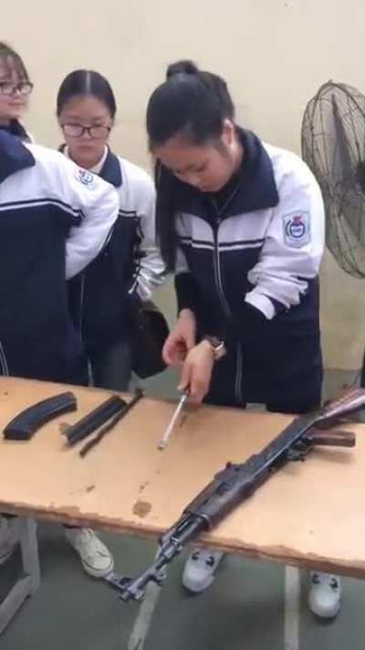 In Vietnam, most highschoolers are taught to assemble and disassemble AK-47 in Military Education class like this