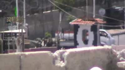 Opposition sniper engages a Syrian Army checkpoint & harasses the evacuation - Qaboun, Damascus - 6/9/2014