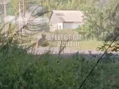 Ukrainian M1126 Stryker lays down fire at a building that reportedly has Russian soldiers inside, somewhere in Kursk (August 2024)