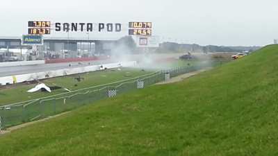 Graham Ellis has a huge crash at Santa Pod Dragway in 2013