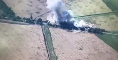 Russian Towed Howitzer column destroyed by Ukrainian GMLRS Strike. Zaporizhzhia Oblast, July, 2023.