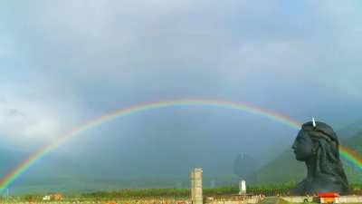 A full rainbow captured in camera near Adiyogi. Incredible moment.