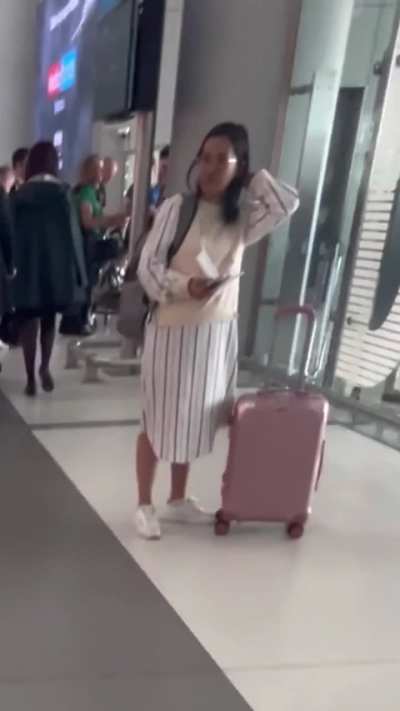 Girl staring at my bulge in grey pants