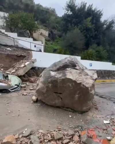 Ubrique Cadiz Andalusia Spain - 4 February 2026 - Rockfall occurred along a slope affecting nearby access areas