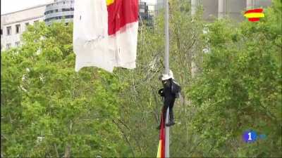 Paratrooper proudly landing on an urban military parade