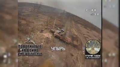 RU POV: FPV drone struck the abandoned Abrams tank in Berdychi.