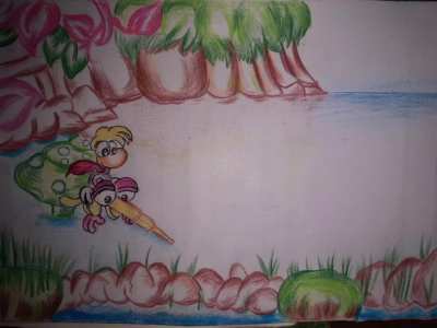 Rayman with his mosquito-like friend in the middle of a swamp