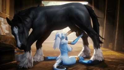 Our beloved Draenei whore was sold to the highest bidder; a simple farmhand who had some extra gold coin. He needed some entertainment for himself and for his steeds. Luckily for him, this Draenei slut loves to suck horse cock. (Noname55)