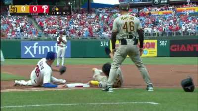 [Highlight] [Highlight] Johan Rojas major league debut starts out with a bang as he makes a great catch on Fernando Tatis and doubles up Kim at first