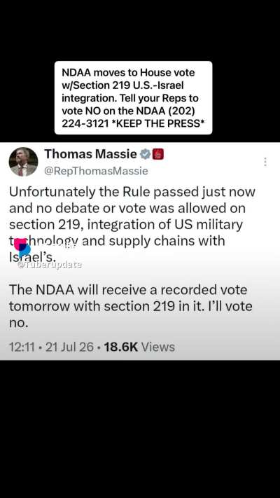 URGENT CALL TO ACTION.AIPAC COMPROMISED TREASONOUS CONGRESSMEN moved forward with the Netanyahu authored NDAA moving to House vote w/Section 219 U.S.-Israel integration. Tell your Reps to vote NO on the NDAA (202) 224-3121 *KEEP THE PRESSURE *