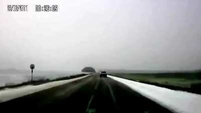 Car loses control on snow and overturns