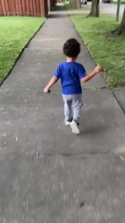 “I’m gonna gotcha!” Chasing my son.