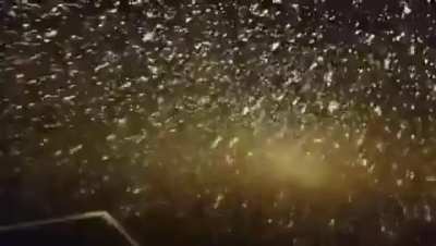 The snowfall from a ship