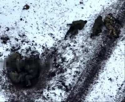 Longer version of drone hit on 6 Russians in foxhole, Eastern Ukraine early 2023