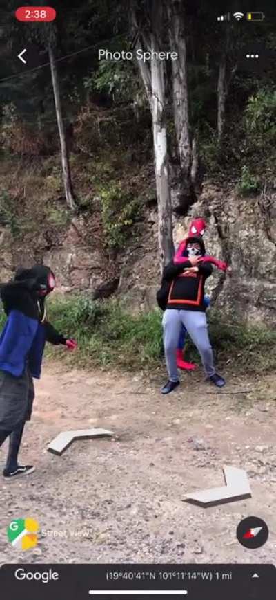 I found Spider-Man and Miles Moralez taking down a would-be car thief.