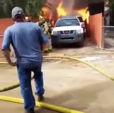 Running into the flames of his burning house to rescue his pet