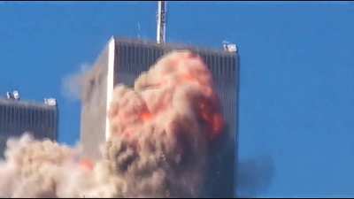 AI upscaled video of the first plane hitting the WTC