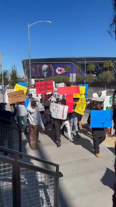 A massive crowd yelling down the streets in Las Vegas